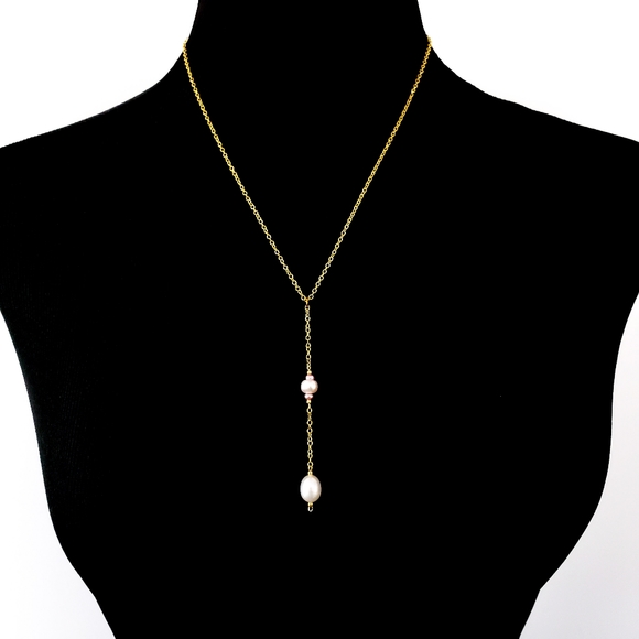 Y necklace real pearls drop pendant genuine pearls 18k GP chain white cream - Picture 5 of 13